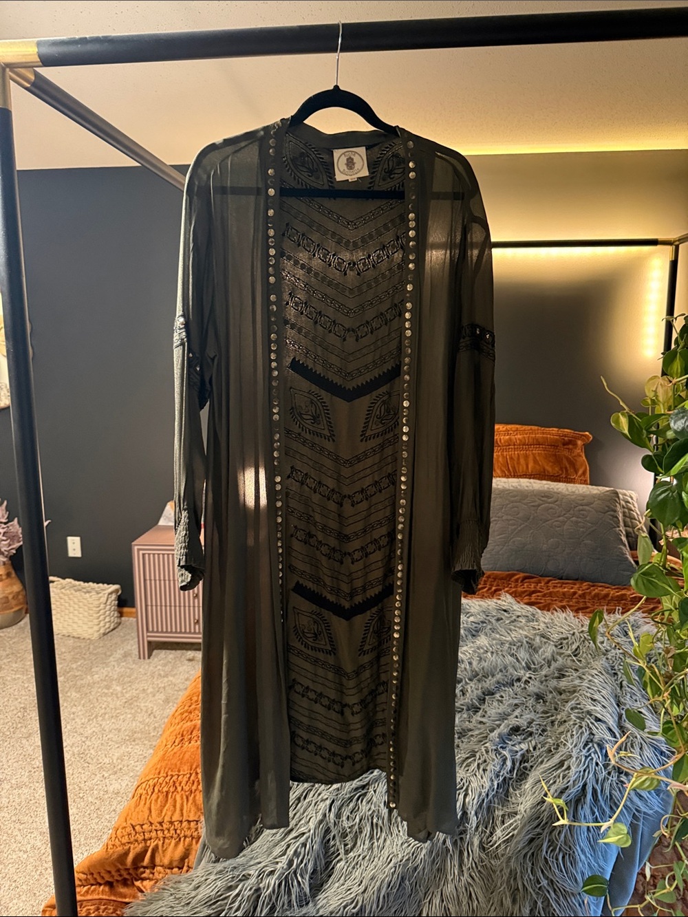 Anthropologie Olive Green Sheer Embroidered Duster